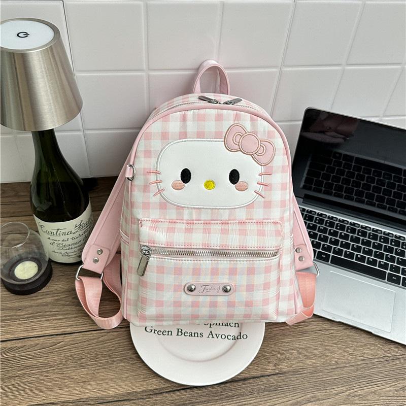 Schoolbag Japanese Kitty Cat Backpack Cute Cartoon Plaid Corrugated Student Schoolbag Ins Wind Large Capacity Casual Back