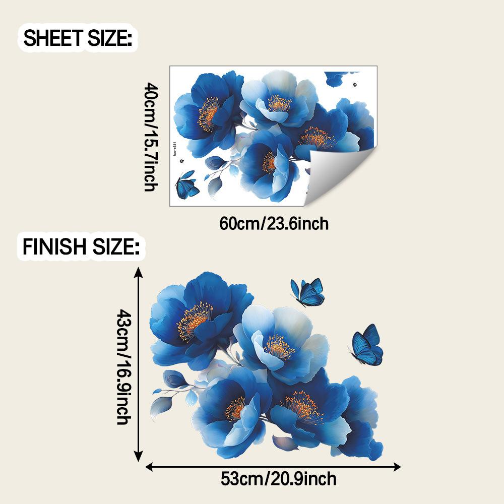 Creative and Dreamy Blue Floral Butterfly Background Wall Decoration Stickers for The Entrance Bathroom