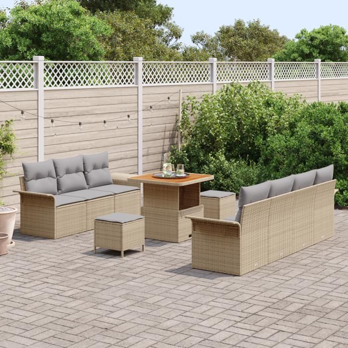 Canapé de jardin vidaXL 10 pièces avec coussins en rotin poly beige, acacia, Canapé de jardin 2 places vidaXL avec rangement 3364047