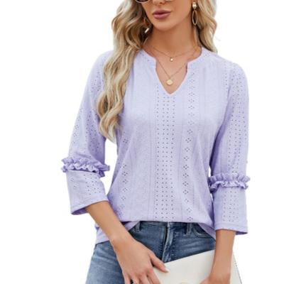 Top Suelto Jacquard de Encaje con Cuello en V y Mangas de Tres Cuartos para Mujer