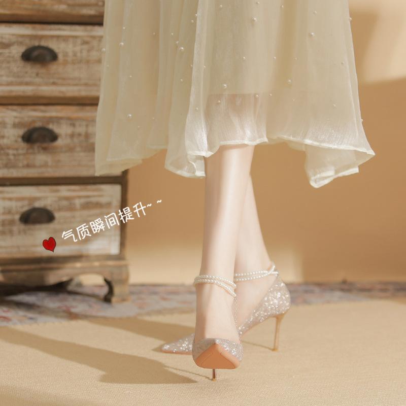 86108 Silver High Heels Women's Stiletto Spring 2025 New Pointed Crystal Wedding Shoes Pearl Strap Single Shoes
