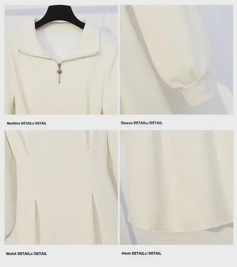 Dámské nadměrné pletené šaty na zip v korejském stylu - Hrubý samet, Jednobarevné, Ležérní podzimní/zimní dlouhá sukně