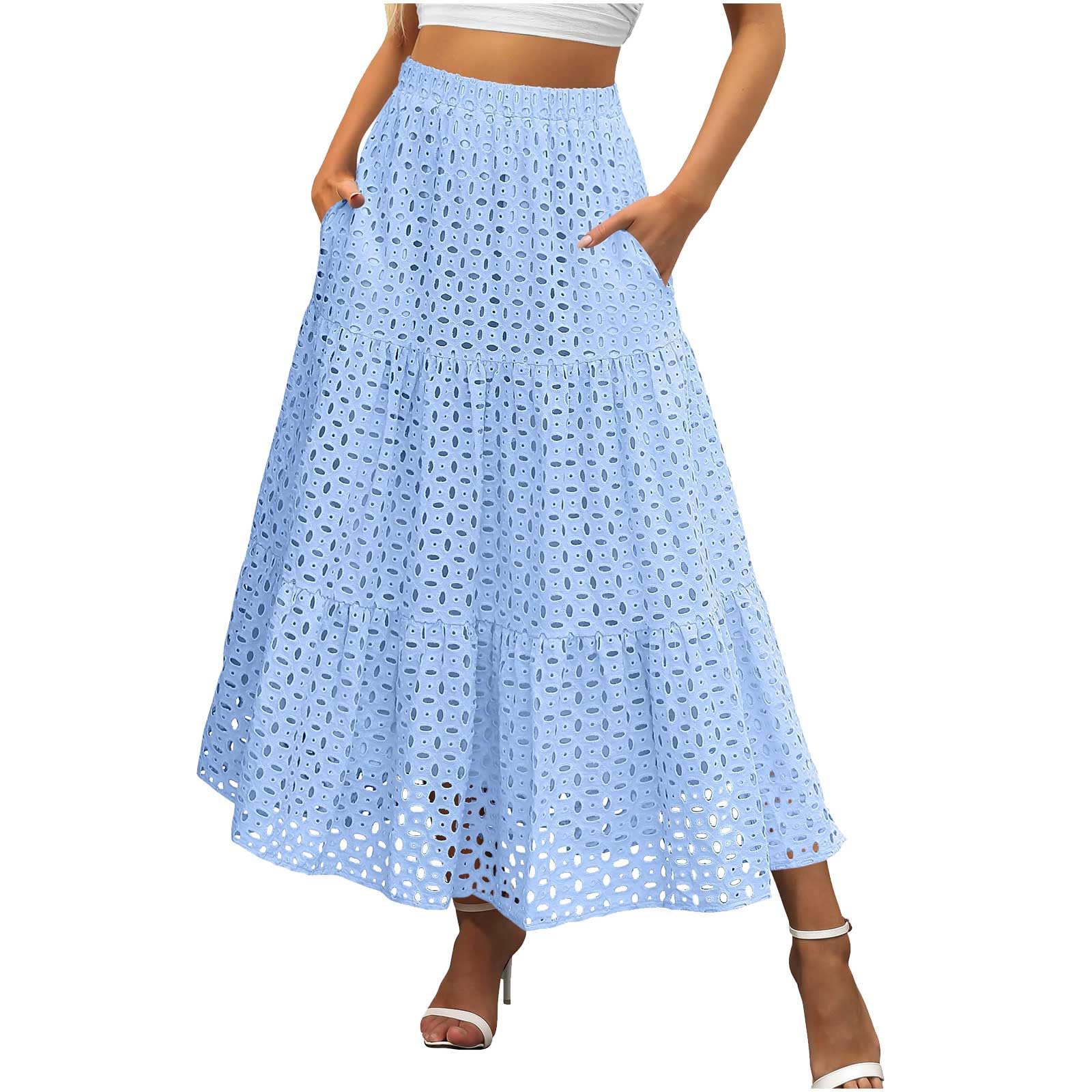 

Women s Fashion Color Bohemian Hollow High Waist A-line Pocket Long Casual Half Skirt L