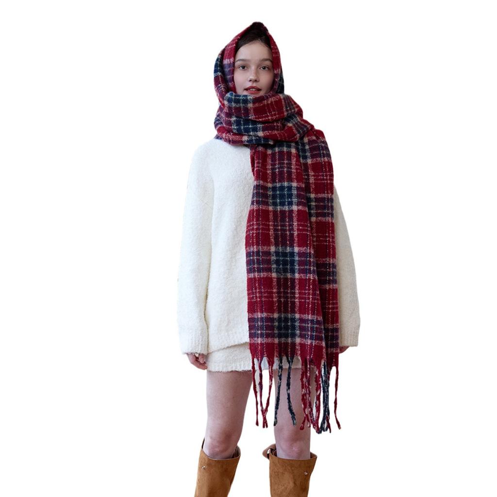 Imitation Cashmere Scarf Women's Autumn and Winter Maillard Versatile Thickened Retro Fringed Plaid Scarf Warm Scarf
