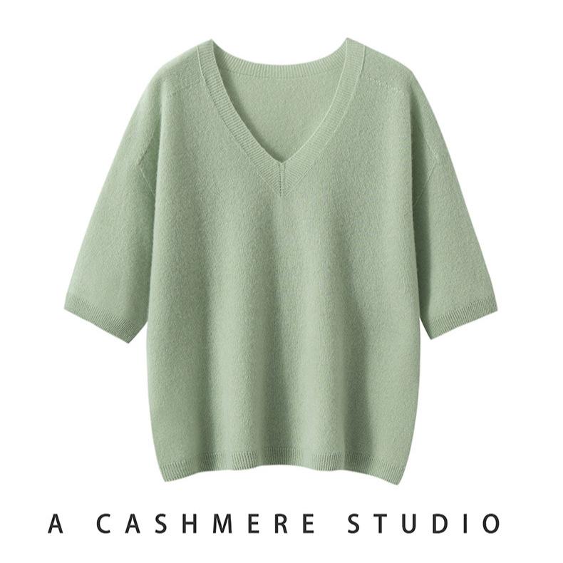 Pure Cashmere Women's Seamless V-Neck Short Sleeve Knit Top