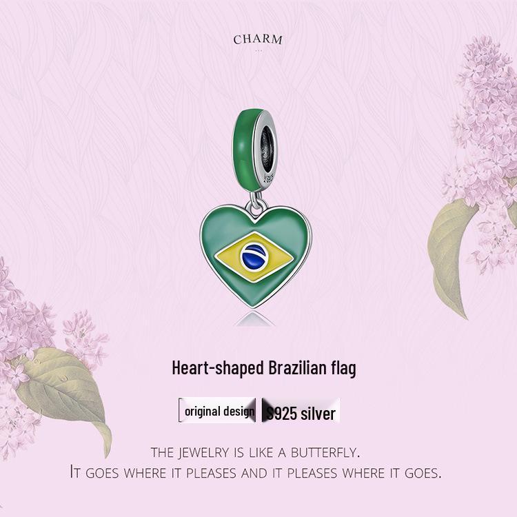 S925 Silver Brazilian Flag Heart Pendant with Green Enamel Drip