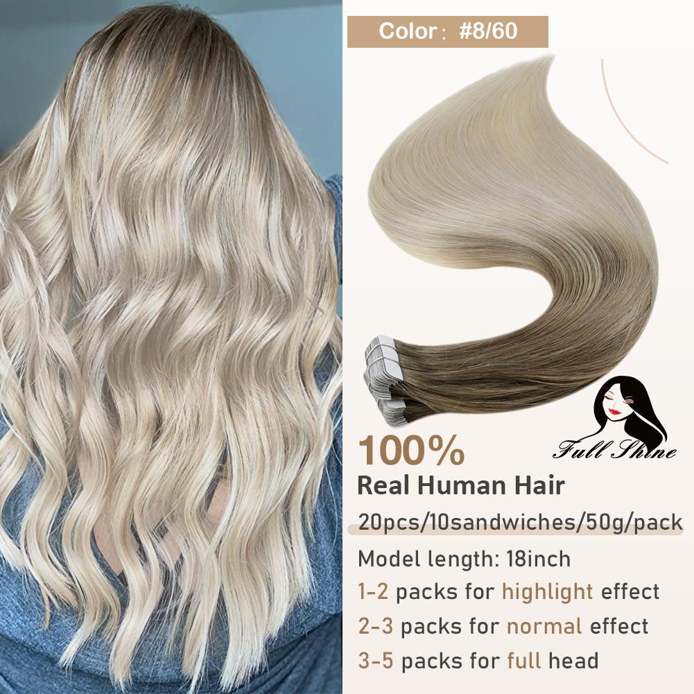 Full Shine Tape in Hair Extensions Remy Human Hair Balayage Highlights Natural Hair For Salon