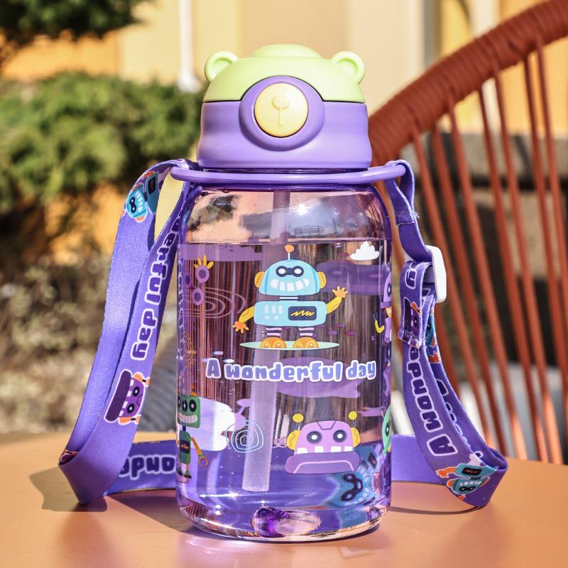 Cute Kids Water Bottle With Straw BPA Leakproof Outdoor Portable Children's Cups School Water Bottle Cartoon Anime Student Strap Water Cup