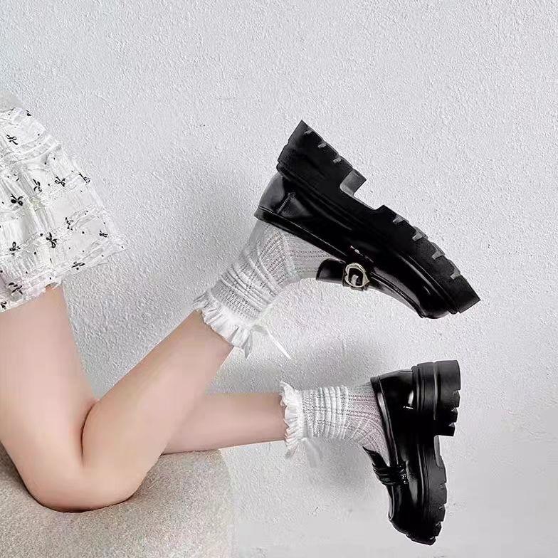 Mocasini retro negri cu o singură pedală, stil britanic de primăvară și toamnă 2024, cu platformă și toc gros, în stil francez, din piele, stil britanic