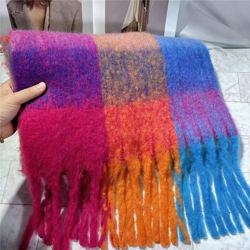 200x40cm Extra Long Wide & Thick Winter Scarf Fake Cashmere Fringe Shawl Rainbow Plaid Windproof Scarf Wrap for Women