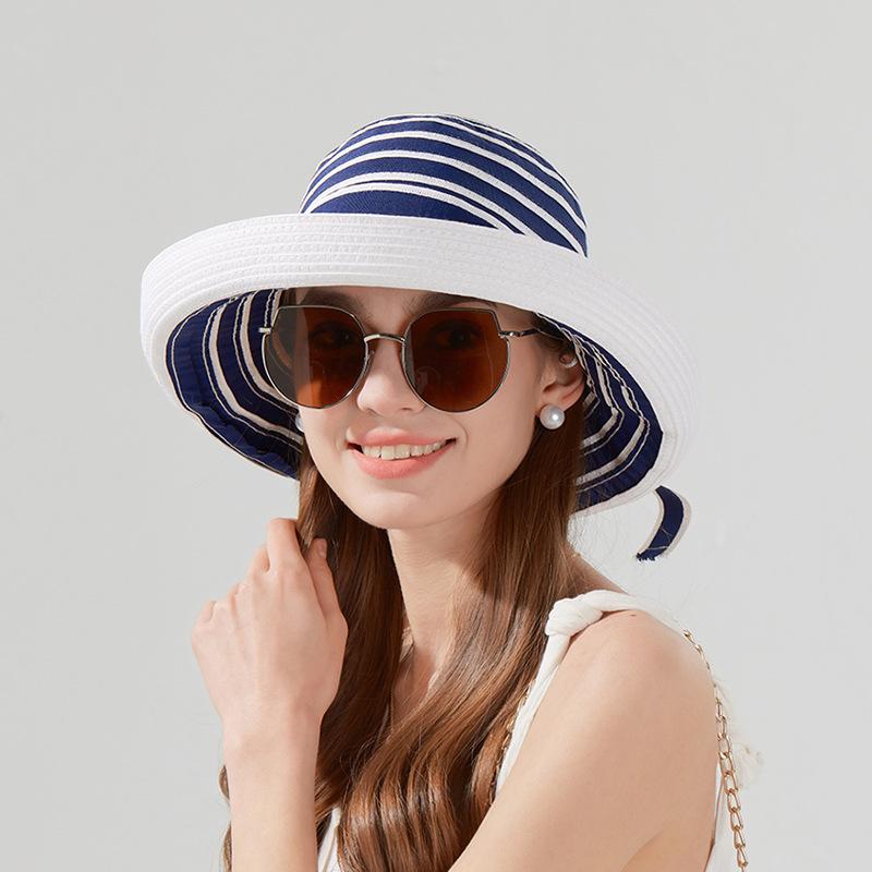 

Summer Striped Sun Hat Women s Outdoor Beach Straw Fisherman Hat темно-синий
