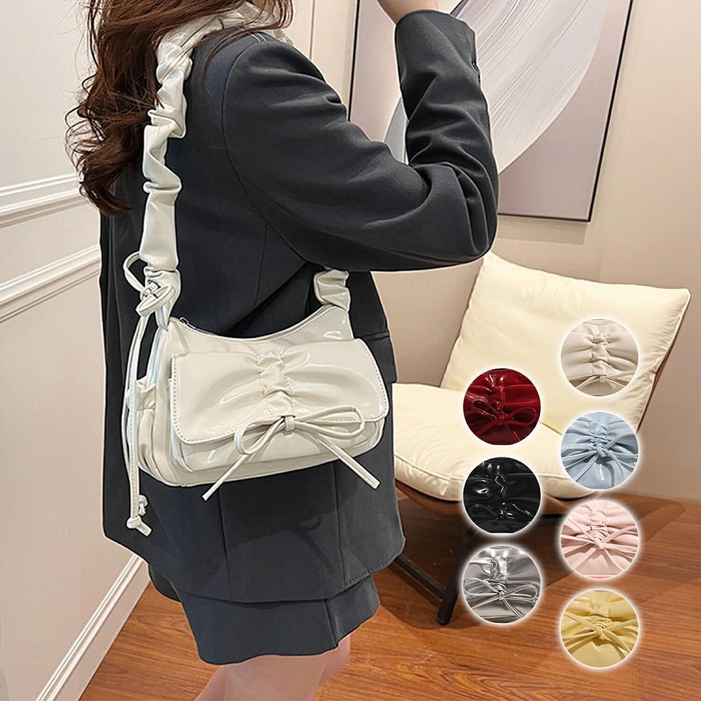 GOLWIS Ribbon Gathered Shoulder Bag with Small Handles, PU Leather, and Scrunchy Design. 2-Way Mini Shoulder Bag, Crossbody, or Handheld. Korean