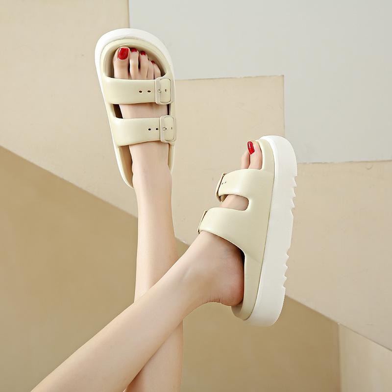 Thick Soled Height Increasing Slippers for Women In Summer, Two Tone Slippers for Outdoor Wear, Trendy Beach Anti Slip, Double Button, Straight Drag