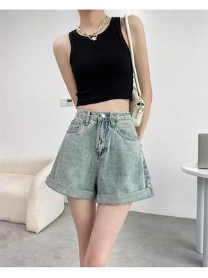 Dámské letní tenké džínové šortky s designem zvlněného lemu Street Style Pro mladé dívky Vysoký pas Mini kalhoty Dámské ležérní rovné šortky