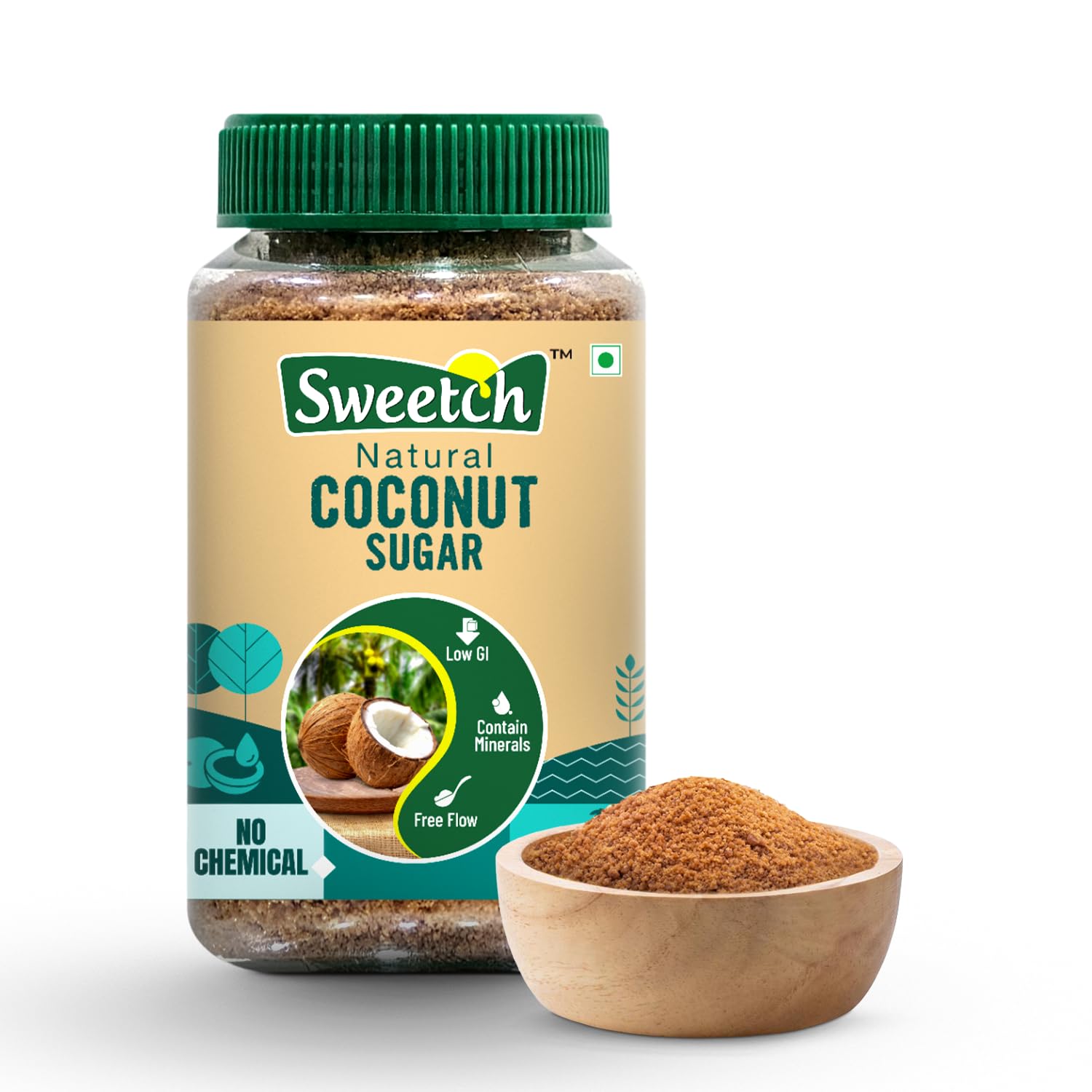 Sweetch Natural Coconut Sugar 350 gm Jar Natural Healthy Replacement for Sugar, Contain Minerals, Low GI, No Chemical & Free Flow | For Baking &