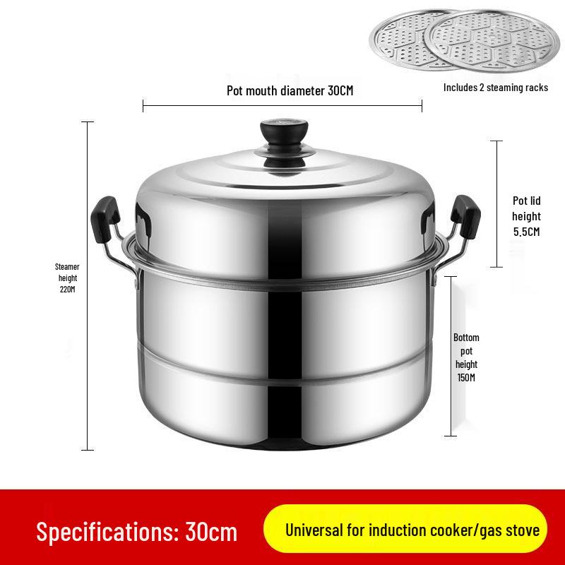 Large Stainless Steel Multi-Layer Steamer Pot for Steaming, Soup, and Fish, Compatible with Induction and Gas Stoves