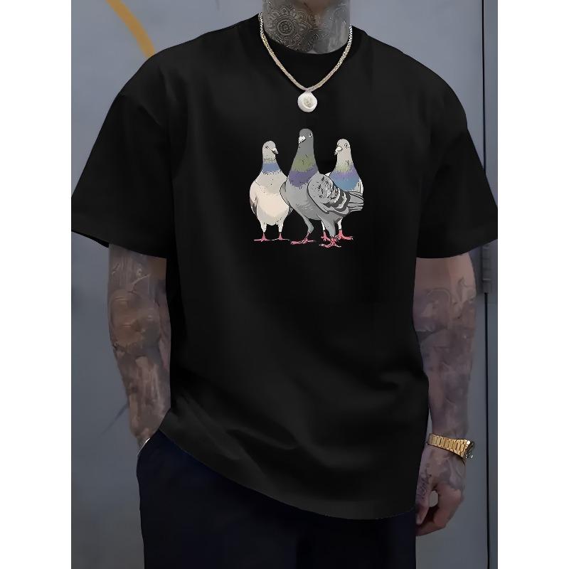 

European Size Men s Casual Summer Graphic T-Shirt - Soft Breathable Fabric with Colorful Pigeon Print,Regular Fit Round Neck Streetwear Tee for Adults 4XL чорний