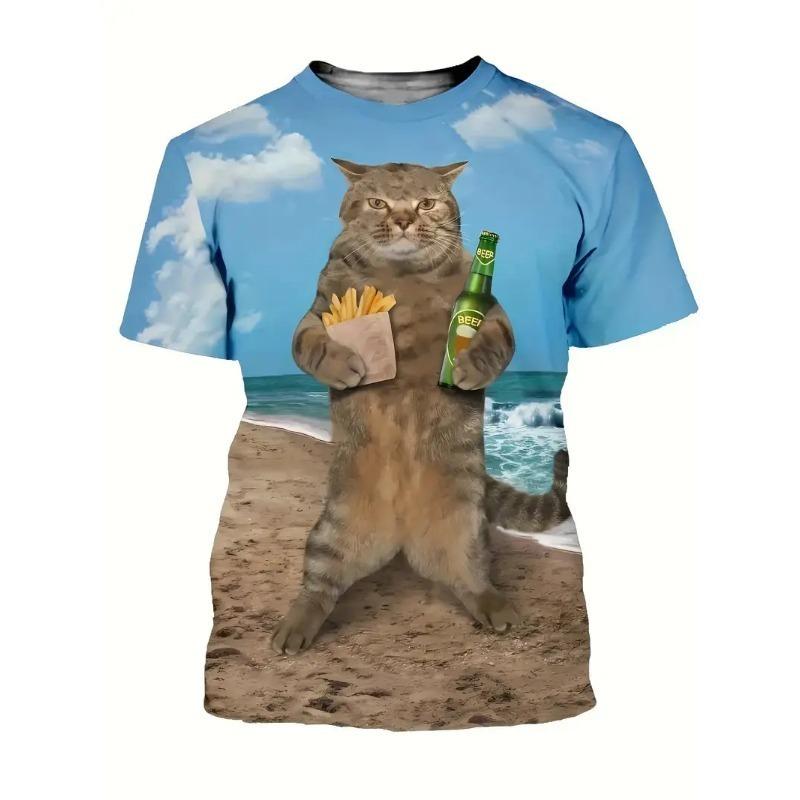 Novelty Beach Cat Beer Pattern Print T-shirt 3D Men Women Trend Personality Tops Oversized Short sleeve Crew Neck Streetwear Tee
