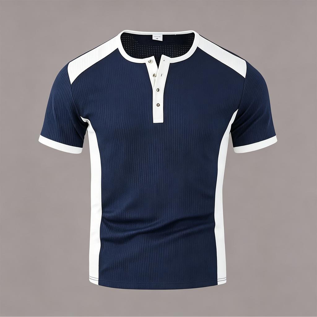 Men's Color Block Half Button Short Sleeve T-Shirt for Summer Casual Athletic Wear