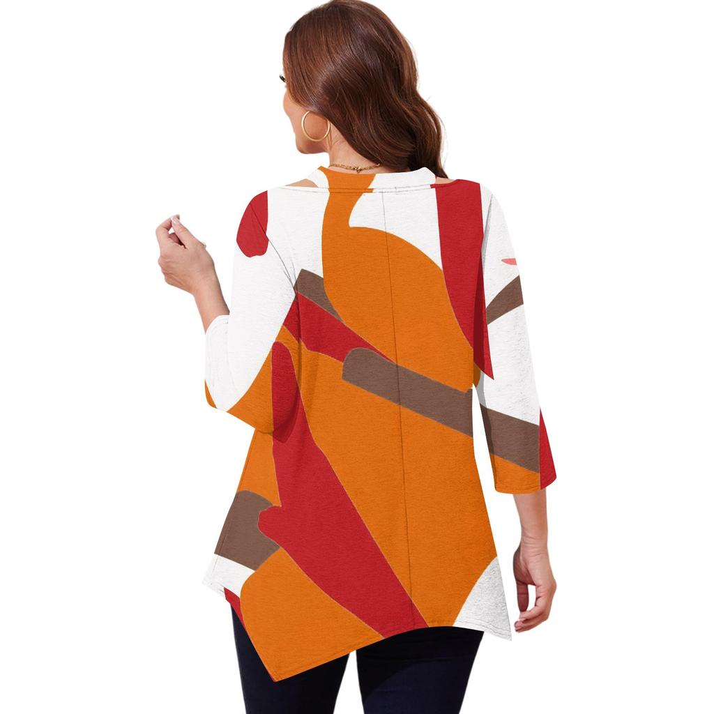 Women's Print Plus Size Tops Hollow V Neck 3/4 Sleeve Shirt Elegant Casual Tops