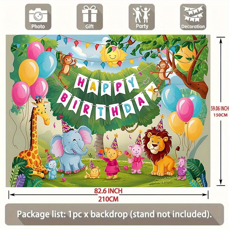 Party-Hintergrund Dschungel-Safari Cartoon-Tiere Ballons Text Festlicher Fotoautomaten-Hintergrund Geburtstagsfeier Dekoration