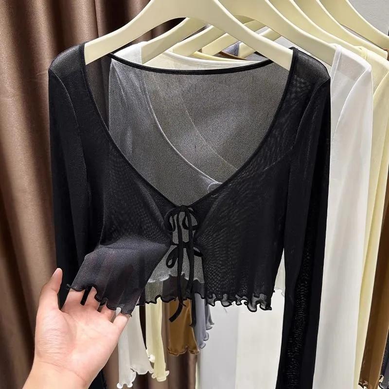 Damen V-Ausschnitt Krawattenfront Langarm Top Schmale Passform Lässig Einfarbig Bluse