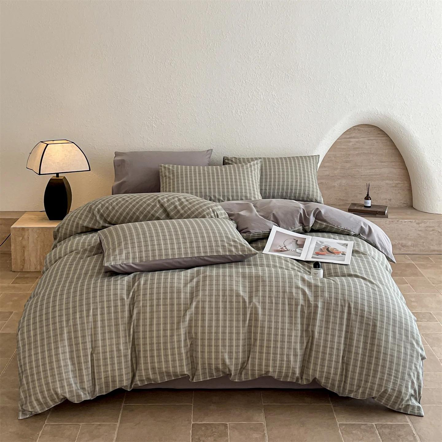 

New cotton dyed washed cotton four-piece set pure cotton lattice series student dormitory three-piece set 1.2m sheet 3pcs