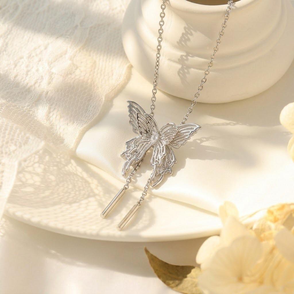 Versatile Titanium Steel Heart & Butterfly Rhinestone Necklace - Women's High-End Jewelry Accessory