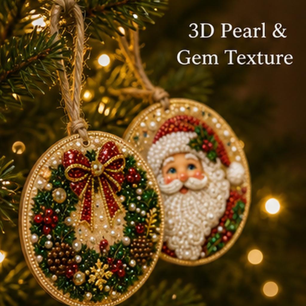 12 PCS Wooden Christmas Ornaments DIY Pearl Art Kit with Pearls - Special Shaped Gems Jute Hemp Rope for Hanging - 3D Diamond Art Holiday Tree Decor
