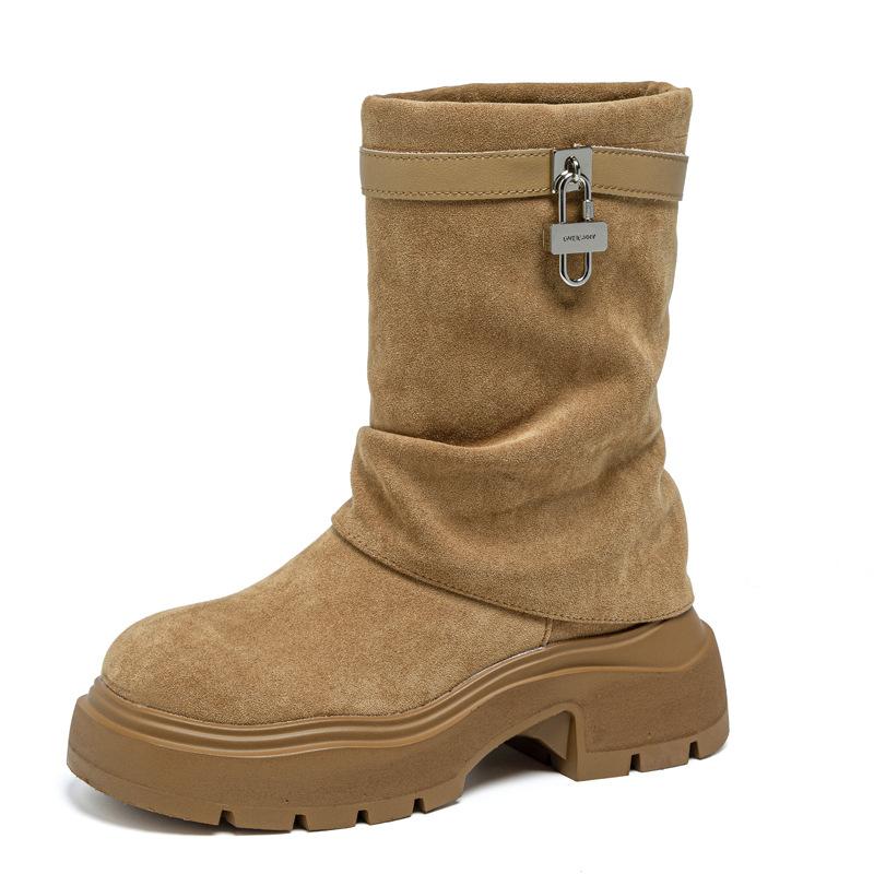 

2025 autumn and winter new silver buckle knight stacking boots thick-soled thick-heeled boots Martin boots women s autumn and winter short boots ch 40 темно-коричневого