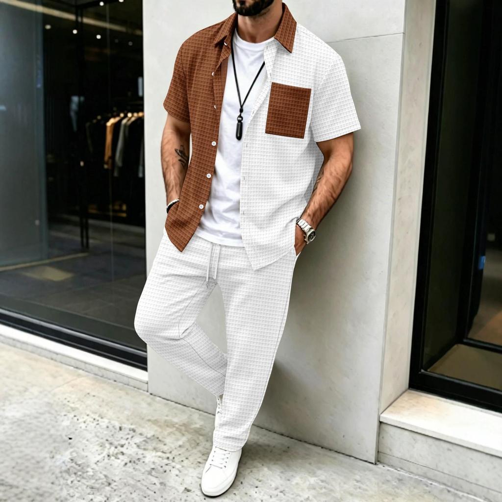 26th Anniversary Men's Plaid Patchwork Short Sleeve Shirt & Pants Set
