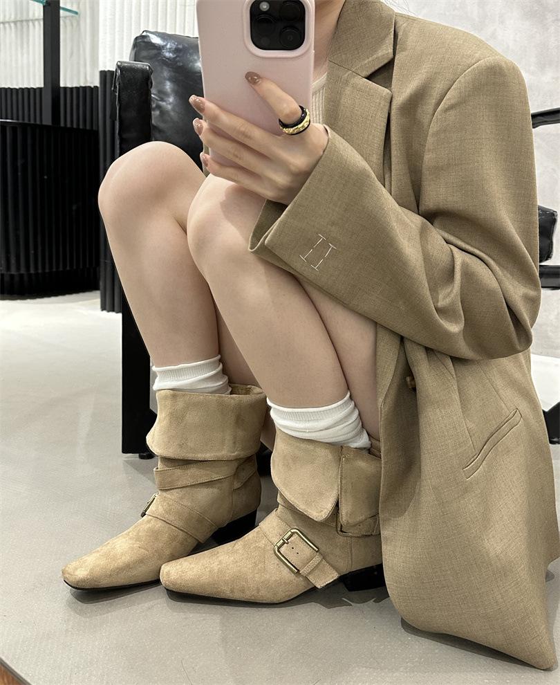 

Belt buckle two wear medium boots suede thick heel leather boots new square head thin boots women s solid color Martin boots low heel 39 хаки