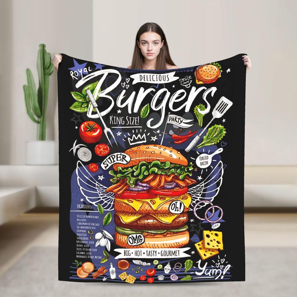 Fast Food Yummy Burger Pizza Doughnut Blankets Coral Fleece Plush All Season  Multi-function Soft Throw Blanket for Sofa