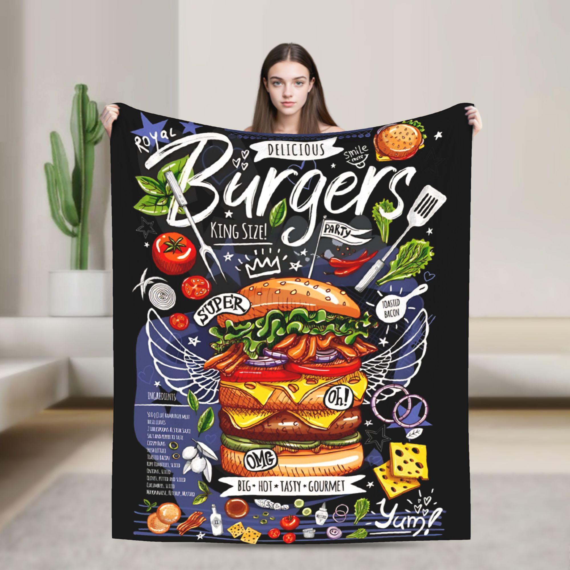 

Fast Food Super King Size Burger Cheese Flannel Throw Blanket Hamburger Bedroom Knitted Blanket Outdoor Ultra-Soft Breathable 150x200cm