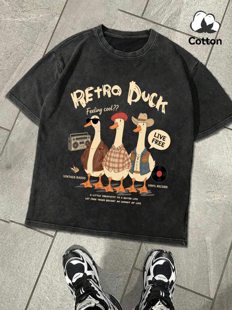 Retro Duck Feeling Cool Live Free Retro Tee Mans Summer Breathable Cotton TShirts Fashion Washed Top Unisex Casual Clothing