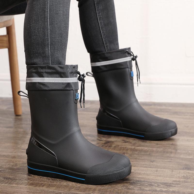 Short tube men's rain shoes non-slip waterproof fashion rain boots fleece warm rubber shoes kitchen work medium tube water shoe cover shoes
