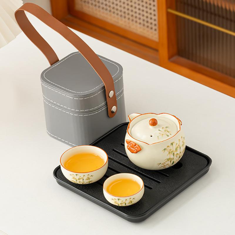 Simple gold silk bamboo rhyme binaural pot travel tea set outdoor camping portable tea set business souvenir