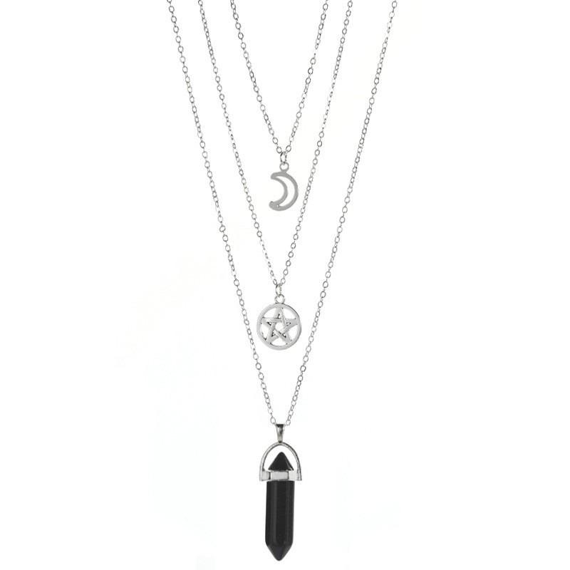 Mehrlagige Achat-Halskette mit hohlem Mond- und Sternanhänger für Damen, Schmuck für das Schlüsselbein