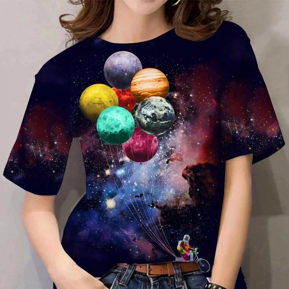 

Жіноча футболка з цифровим принтом Astronaut Planet з круглим вирізом Літо Harajuku з коротким рукавом Модна вулична зручна жіноча повсякденна XS