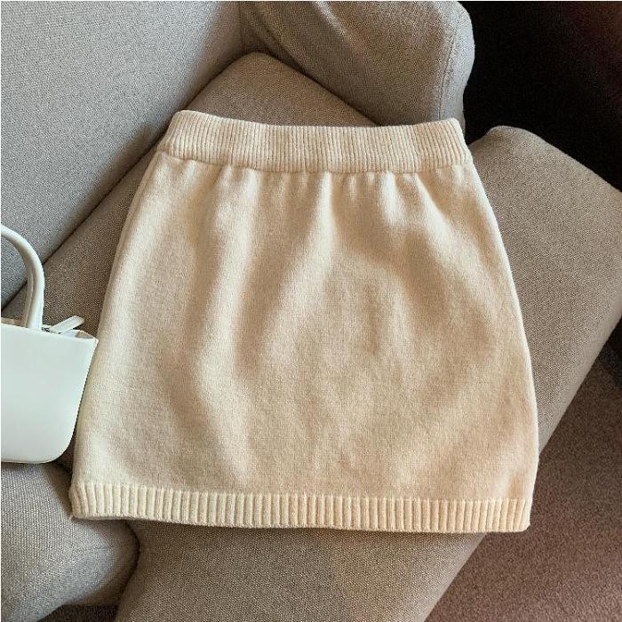 Pure Desire Koreanischer dicker Strick-Midirock - Herbst/Winter Retro Elastischer hoher Bund, Petite A-Linie Bodycon für Damen