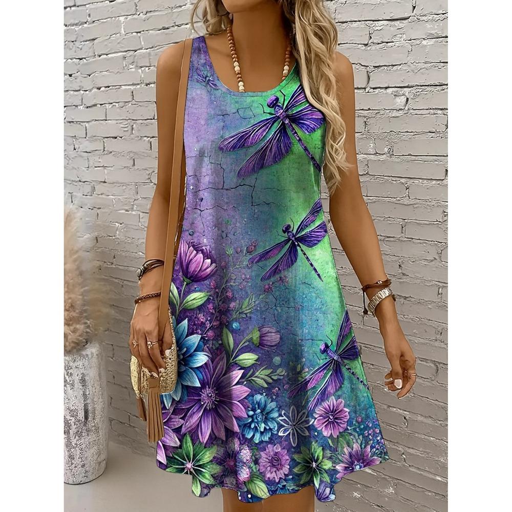 Women's Mini A-line Dress Off Shoulder Vacation Leisure Beach Regular Fit Flower Pattern Animal Sleeveless Round Neck Dress