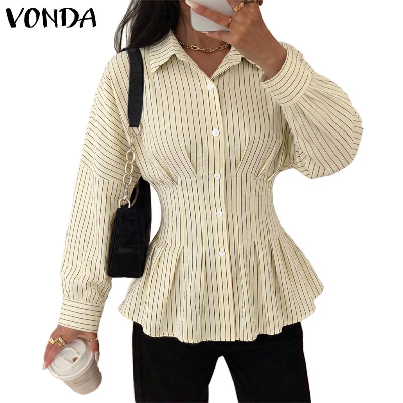 VONDA Womens Casual Lapel Long Sleeve Ruffled Striped Texture Slim Waist Rumple Blouse Shirts Nonelastic