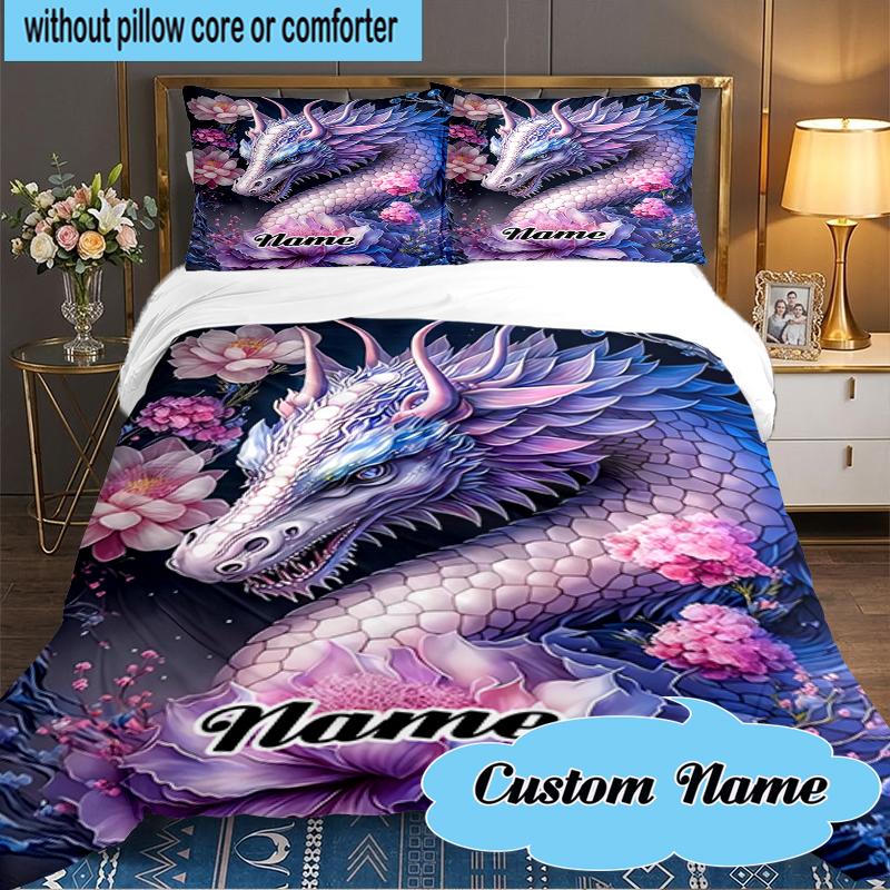 Custom Name Fantasy Dragon Blossoms Bedding Set 3pcs, Bedding Set Including 1pc Duvet Cover And 2pcs Pillowcases for Bedroom, Dormitory Gift