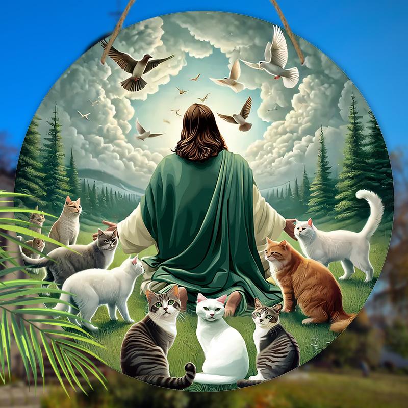 Houten Bord in Moderne Stijl met Epifanie Jezus & Kat & Vredesduif Patroon, Jezus Rond Bord voor Voordeur Wandhanger Decoratie, Ideaal Epifanie Cadeau
