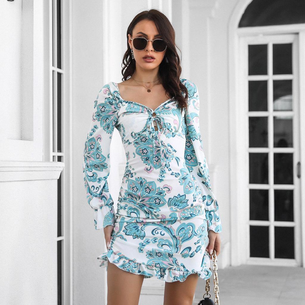 QICED Modă Femei Toamnă Iarnă Imprimeu Floral Mânecă Lungă Un Umăr Talie Înaltă Rochii Casual