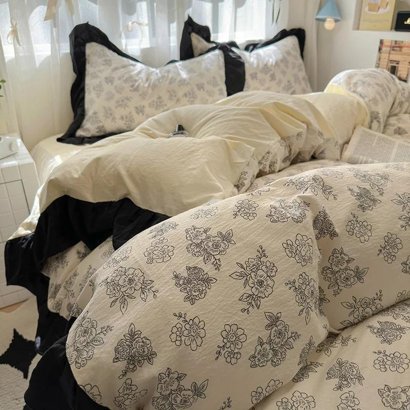 1.5/1.8 Korean Style 100% Cotton Fitted Sheet Sets with Lace Flower Print Bedding Set for Seasons Home Bedclothes for Adult Kids