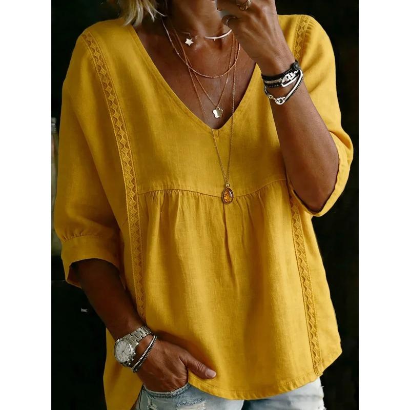 Women's Cross-Border  Fashion Lace V-Neck Pullover Solid Color Casual Three-Quarter Sleeve Blouse