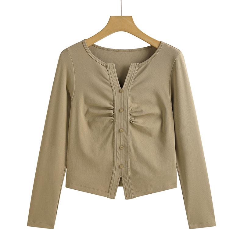 

Корейская женская приталенная рубашка с V-образным вырезом и длинным рукавом из чистого хлопка - Коллекция весна/лето 2025 M хаки