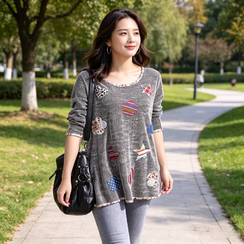 T-shirt da donna a maniche lunghe con scollo rotondo e fantasia floreale, abbigliamento casual per la primavera e l'autunno