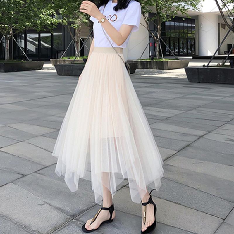 Qooth Summer Asymmetrical Pleated Skirts Elastic Waisted Tulle Midi Skirt Elegant Simple Casual SkirtQT2582